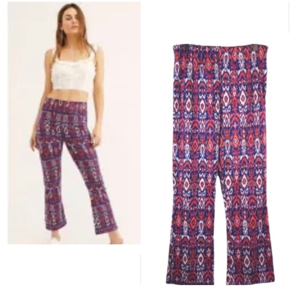 Free People Ikat Tribal Printed Pull On Knit Cropped Flare Pants Size 0 - Picture 1 of 10
